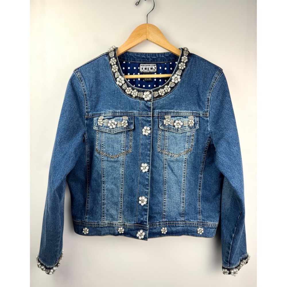 Beek Blue Denim Jacket with Pearl and Crystal Embellishments